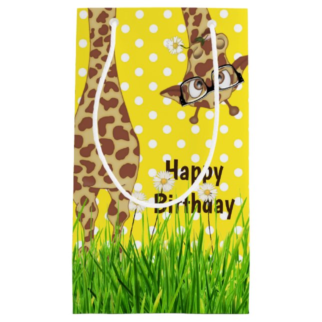 Petit Sac Cadeau Girafe d'anniversaire avec lunettes en Pois (Devant)
