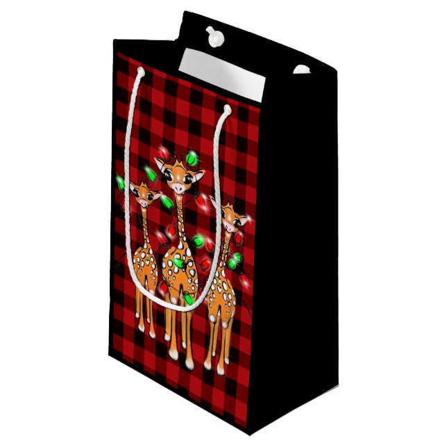 Petit Sac Cadeau girafes de Noël rouge noir plaid (Devant Angle)