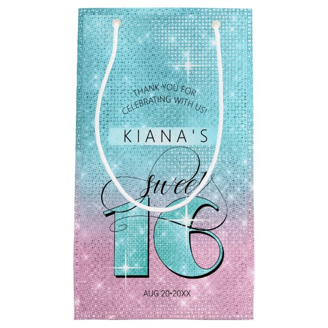 Petit Sac Cadeau Glitter and Shine Sweet 16 Teal/Pink ID675 (Devant)