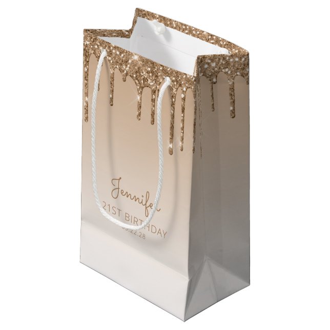 Petit Sac Cadeau Glitter Drip 21e Anniversaire Or (Devant Angle)