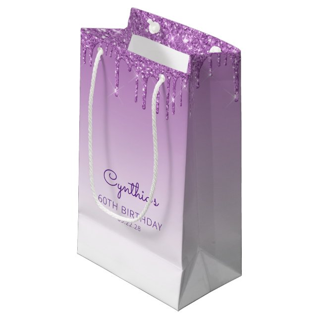 Petit Sac Cadeau Glitter Drip 60e Anniversaire Violet (Devant Angle)