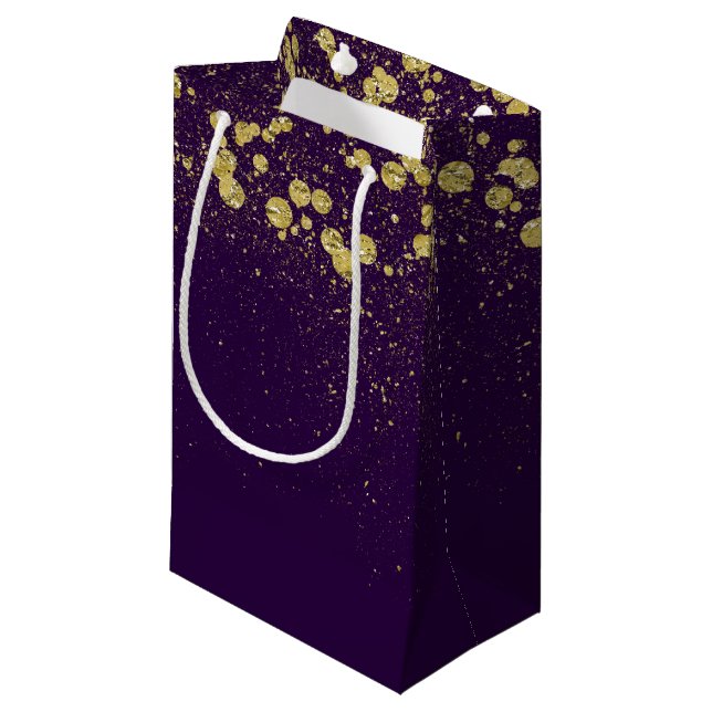 Petit Sac Cadeau Glittery Gold Confetti sur violet (Devant Angle)