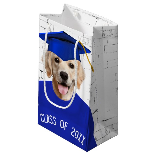 Petit Sac Cadeau Golden Retriever Graduate avec Casquette bleu (Devant Angle)