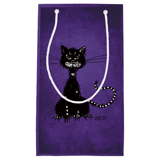 Petit Sac Cadeau Gothique Violet Ragged Malin Noir Chat (Devant)