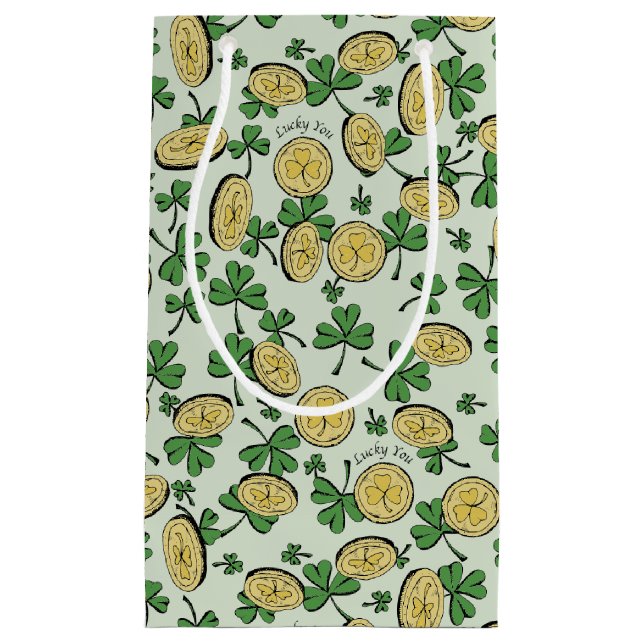 Petit Sac Cadeau Green and Gold St Patrick's Lucky You Shamrock (Devant)