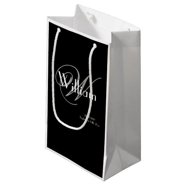 Petit Sac Cadeau Gris Classique Monogramme Écriture Blanche Meilleu (Devant Angle)