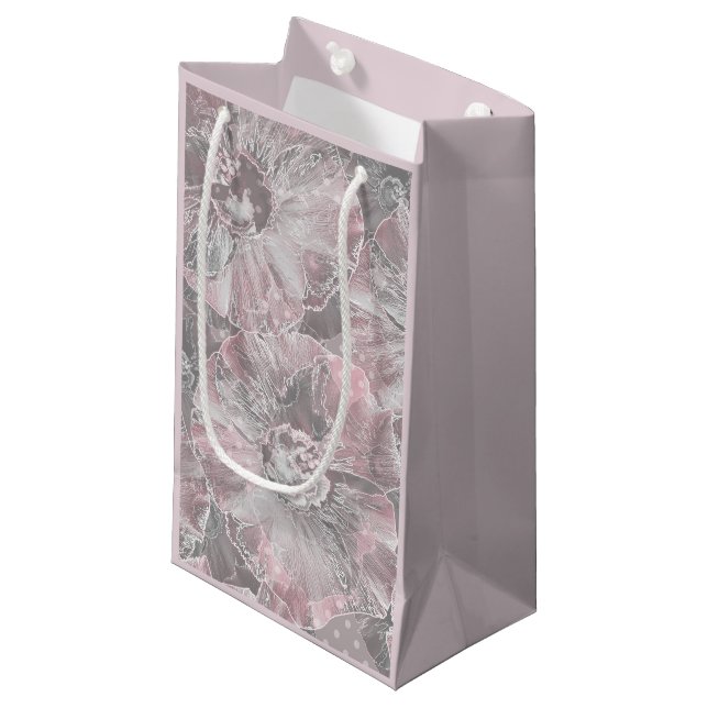 Petit Sac Cadeau Gris rose, grandes fleurs design (Devant Angle)