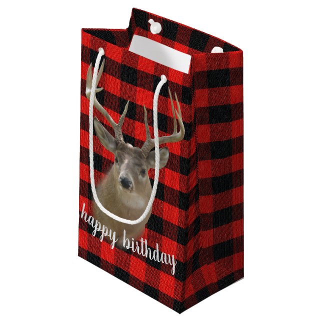 Petit Sac Cadeau gros cerf sur plaid de bûcheron (Devant Angle)