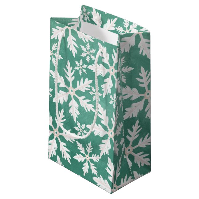 Petit Sac Cadeau Gros flocons blancs tombant Arrière - plan vert (Devant Angle)