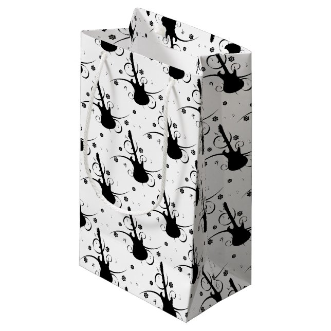 Petit Sac Cadeau Guitare électrique noire avec motif floral (Devant Angle)