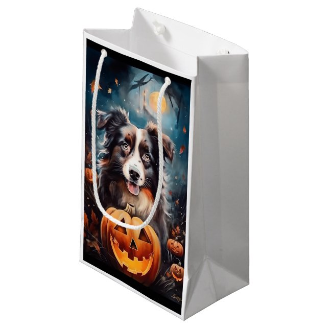 Petit Sac Cadeau Halloween Berger Australien Avec La Peur Citrouill (Devant Angle)