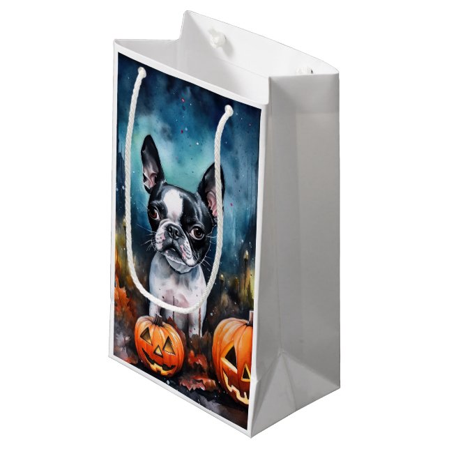 Petit Sac Cadeau Halloween Boston Terrier avec la peur Citrouille (Devant Angle)