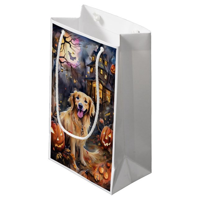 Petit Sac Cadeau Halloween Golden Retriever avec la peur Citrouille (Devant Angle)