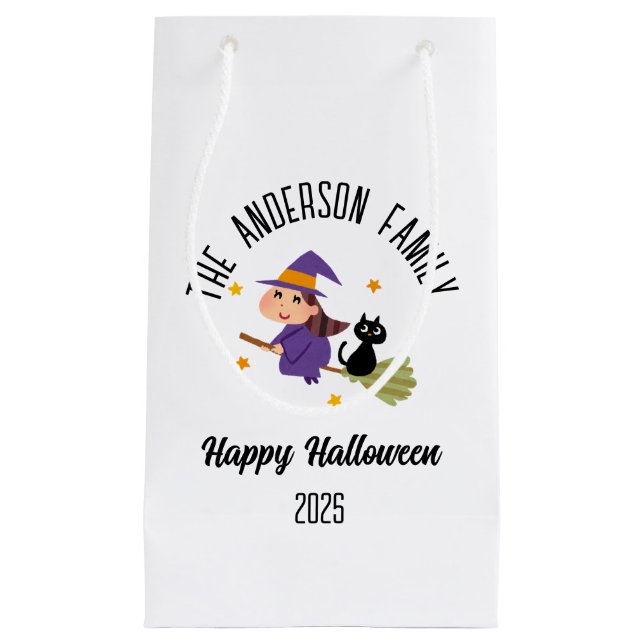 Petit Sac Cadeau Halloween jolie sorcière sur une chambre Nom perso (Devant)