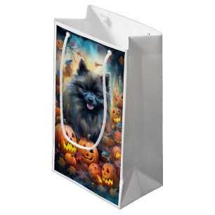Petit Sac Cadeau Halloween Keeshonté avec la peur Citrouille