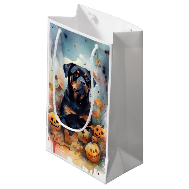 Petit Sac Cadeau Halloween Rottweiler avec la peur Citrouille (Devant Angle)