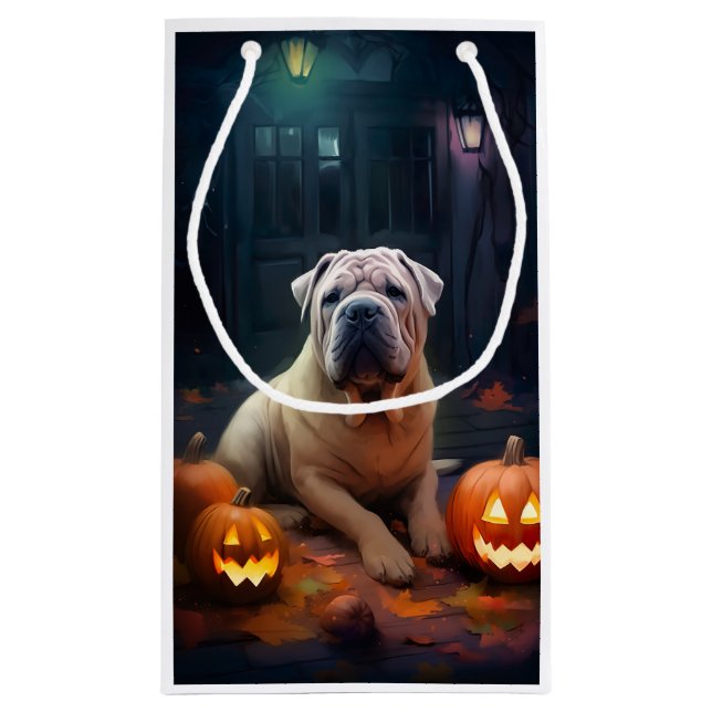 Petit Sac Cadeau Halloween Shar Pei Avec La Peur Citrouille (Dos)