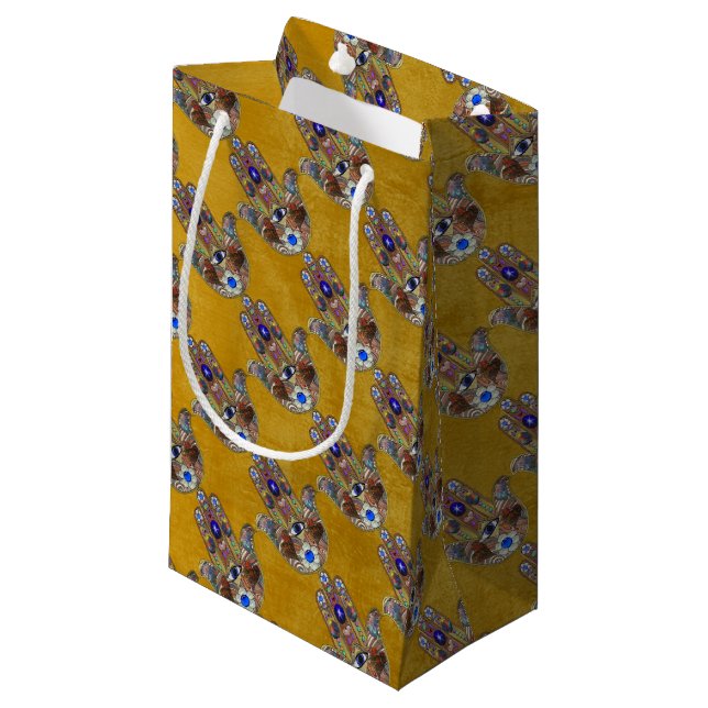 Petit Sac Cadeau Hamsa Coeurs Fleurs Opal Art sur Or (Devant Angle)