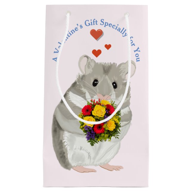 Petit Sac Cadeau Hamster gris avec bouquet modifiable Valentine's (Devant)
