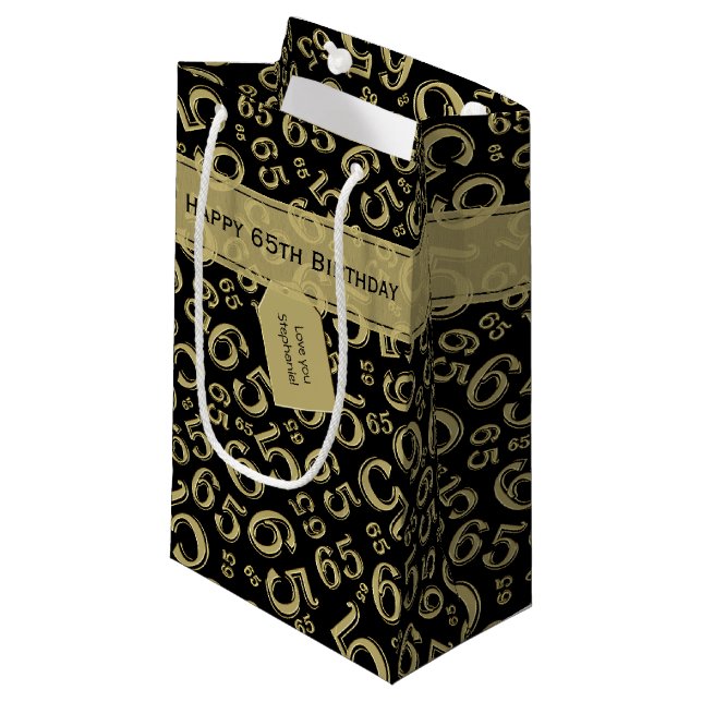 Petit Sac Cadeau Happy 65th Birthday Number Motif Black and Gold (Devant Angle)