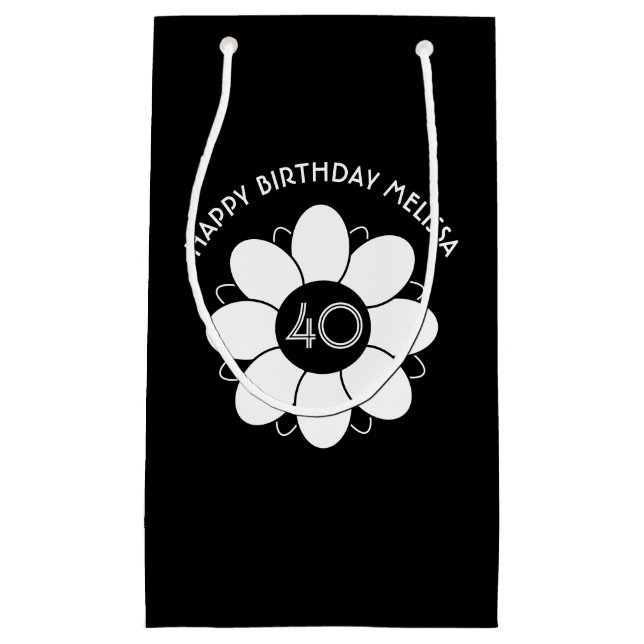 Petit Sac Cadeau Happy Big 40 Anniversaire Floral Design Motif Noir (Devant)