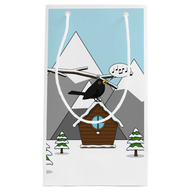 Petit Sac Cadeau Happy Blackbird chanter dans le paysage hivernal (Devant)