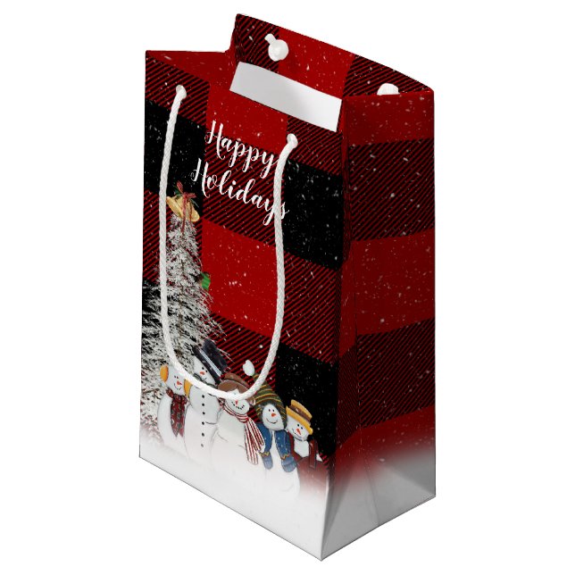 Petit Sac Cadeau Happy Holidays bonhommes de neige et arbre (Devant Angle)