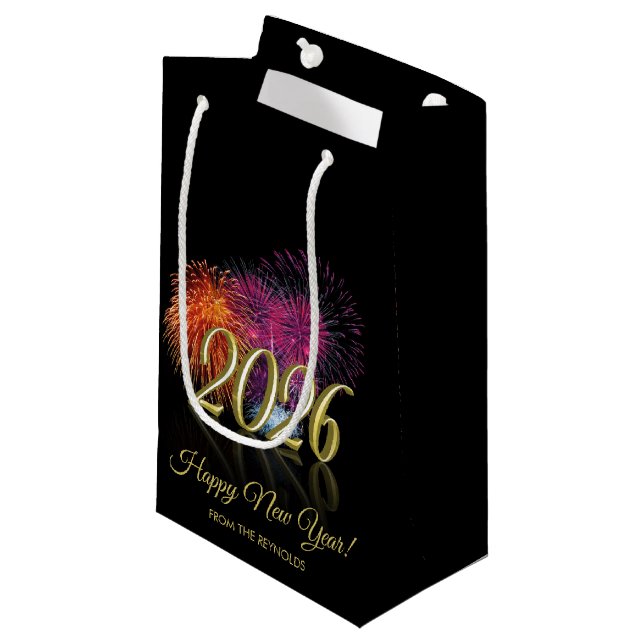 Petit Sac Cadeau Happy New Year 2026 Fireworks Gold (Devant Angle)