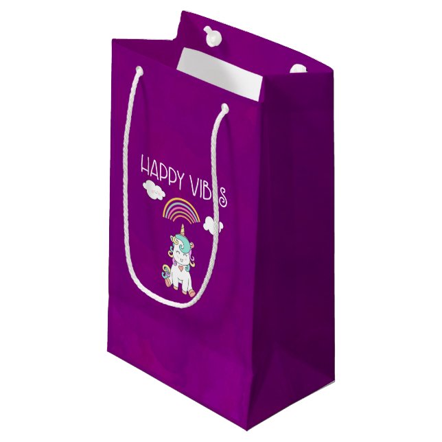 Petit Sac Cadeau Happy Vibes Typographie mignonne souriant Unicorn (Devant Angle)