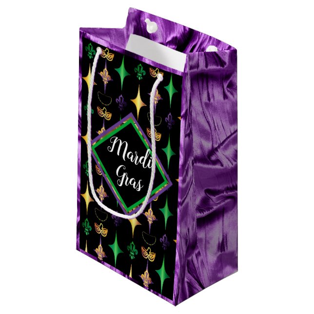 Petit Sac Cadeau Harlequins Perles Masque Fleur de Lis Mardi Gras (Devant Angle)