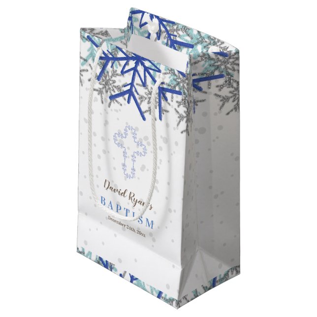 Petit Sac Cadeau Hiver Silver Navy Blue Snowflake Baptism Invitatio (Devant Angle)