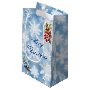Petit Sac Cadeau Holly Berries Flocon de Neige Bleu Blanc Joyeux No