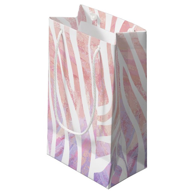 Petit Sac Cadeau Impression rose et blanc Zebra (Devant Angle)