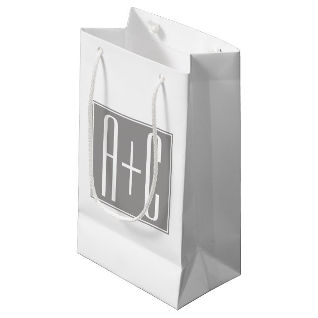 Petit Sac Cadeau Initiales de couples modifiables | Blanc & Gris (Devant Angle)