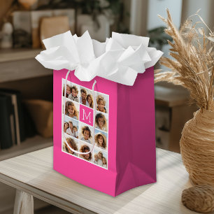 Petit Sac Cadeau Instagram rose chaud Collage photo Monogramme pers