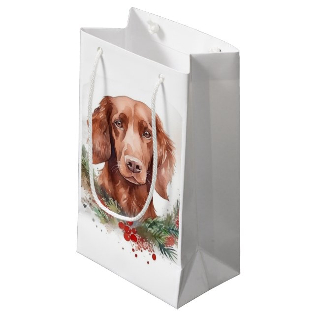 Petit Sac Cadeau Irlandais Red Setter Festive Wreath Pup (Devant Angle)