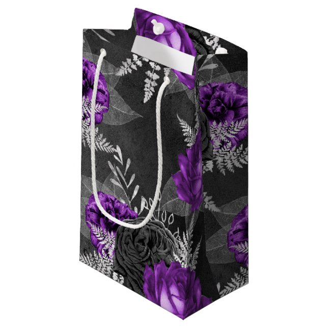 Petit Sac Cadeau Jardin noir des Feuilles d'argent des Roses violet (Devant Angle)