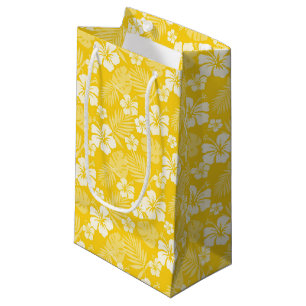 PETIT SAC CADEAU JAUNE AUX FLEURS HIBISQUES BLANCHES TROPICALES
