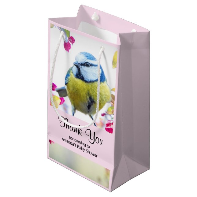 Petit Sac Cadeau Joli Oiseau bleu et jaune sur un Merci de branche (Devant Angle)