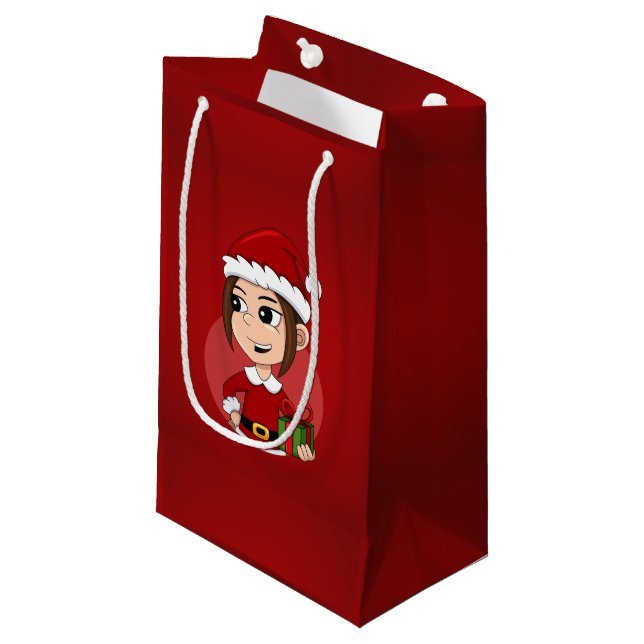 Petit Sac Cadeau Jolie fille de Noël aux cheveux bruns (Devant Angle)