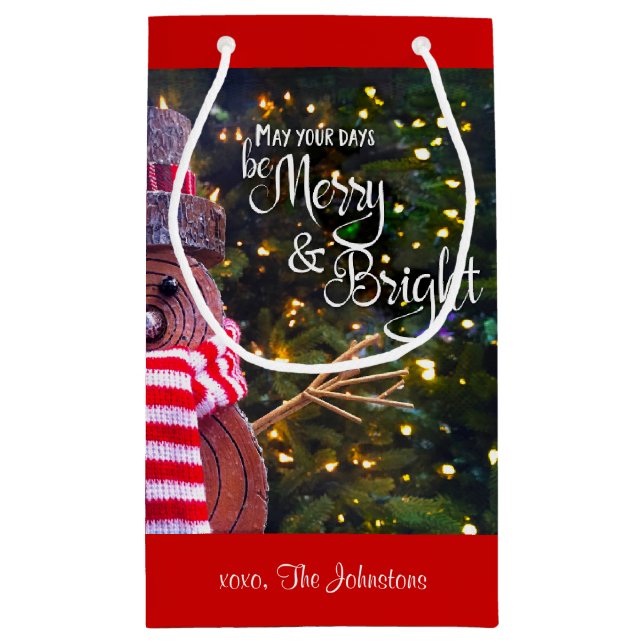 Petit Sac Cadeau Jours Joyeux Rustique Snowman brillant Nom personn (Dos)