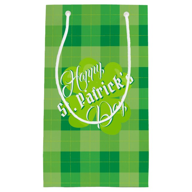 Petit Sac Cadeau Joyeuse Saint-Patrick Vert Tartan Trèfle Chanceux (Devant)