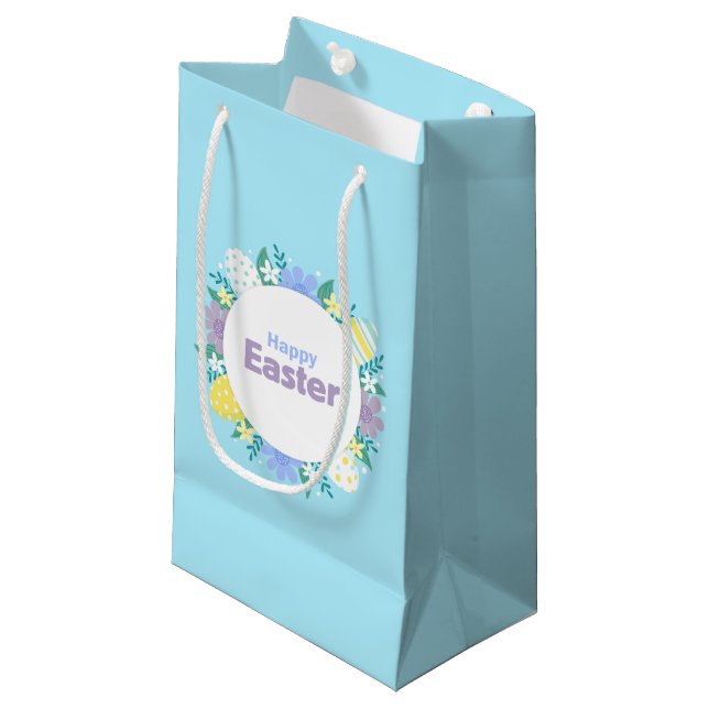 Petit Sac Cadeau Joyeuses Pâques Fleurs et Œufs  (Devant Angle)