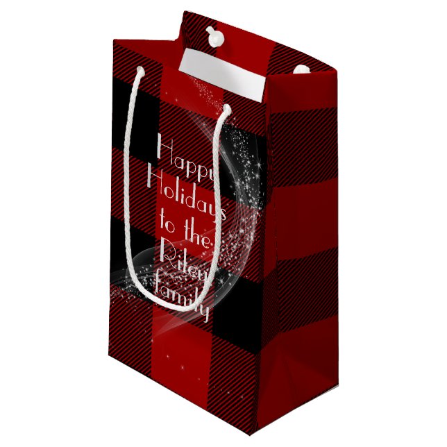Petit Sac Cadeau Joyeuses vacances rouge noir buffle plaid (Devant Angle)