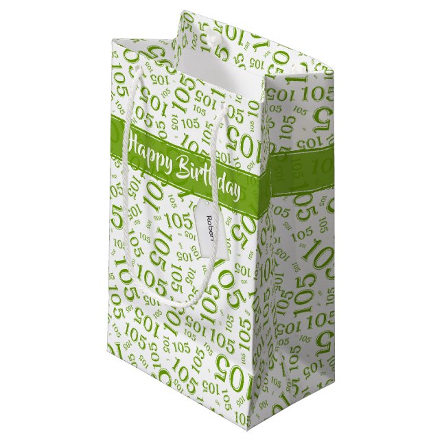 Petit Sac Cadeau Joyeux 105e anniversaire Vert/Blanc Motif numériqu (Devant Angle)