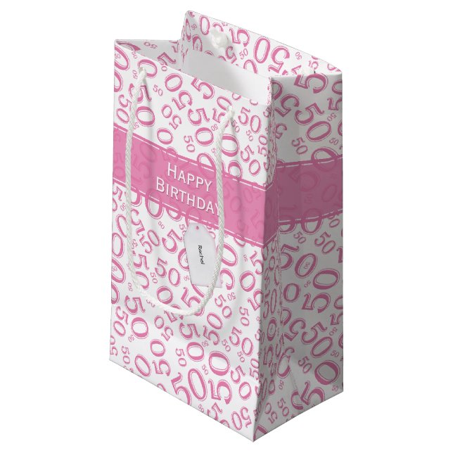 Petit Sac Cadeau Joyeux 50e anniversaire Numéro Motif rose/blanc (Devant Angle)