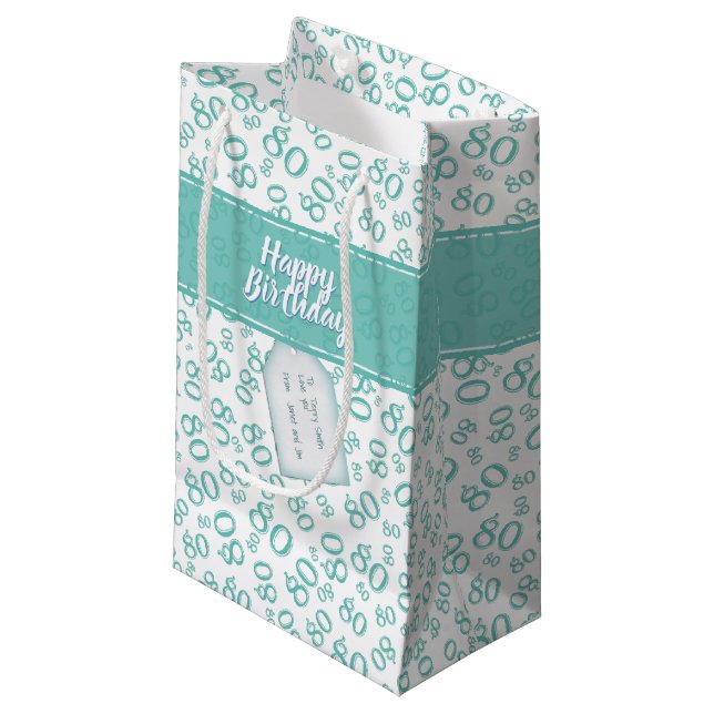 Petit Sac Cadeau Joyeux 80e Motif Turquoise/blanc de nombre aléatoi (Devant Angle)