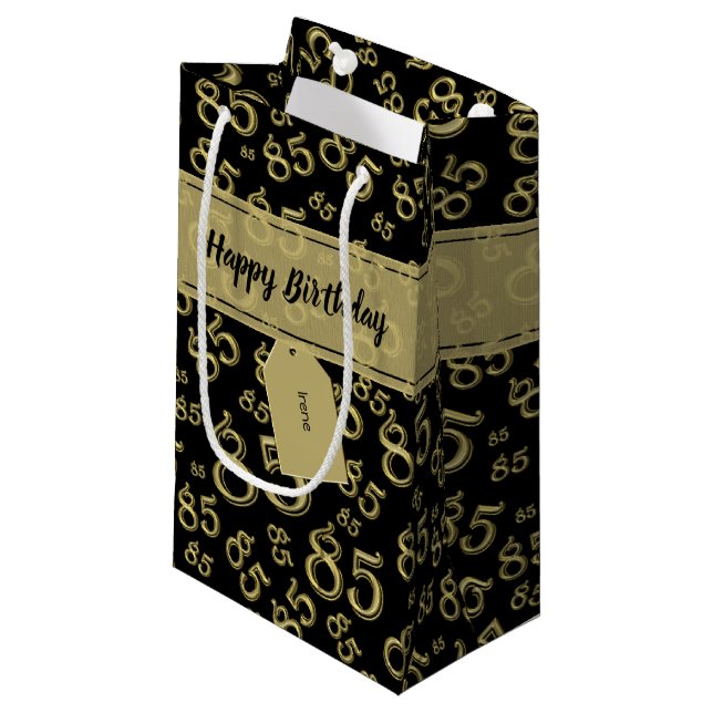 Petit Sac Cadeau Joyeux 85e anniversaire Numéro Motif Noir/Or (Devant Angle)