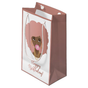 Petit Sac Cadeau Joyeux anniversaire ! Femme noire Afro rose, Bubbl