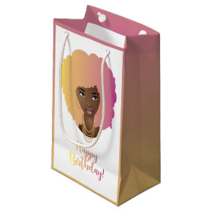 Petit Sac Cadeau Joyeux anniversaire ! Femme noire, cheveux coloré